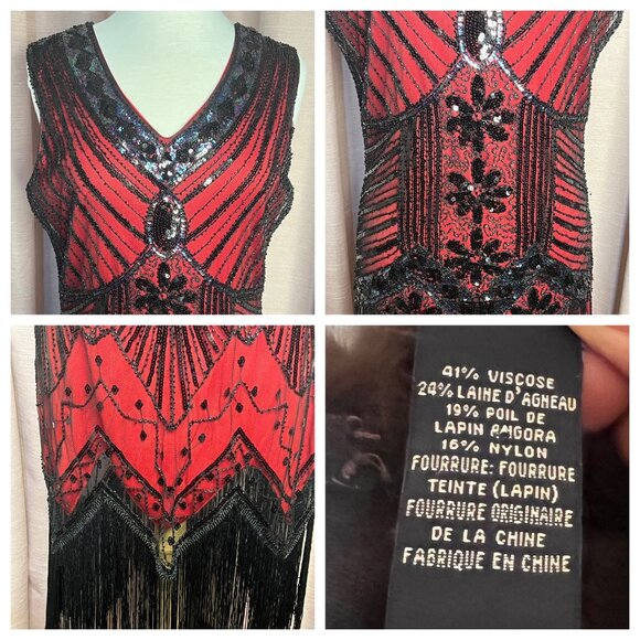 Vintage-Inspired Red & Black Beaded Flapper Dress Fringe Size XL 1920s Gatsby - Picture 12 of 16